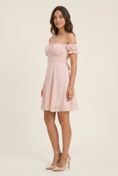 Elegant A-Line Off-Shoulder Ruched Tie-Back Blush Short Homecoming Dress