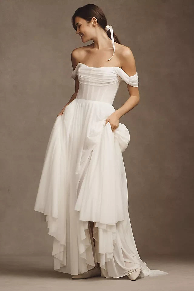 Elegant A-Line Off-Shoulder Ruched White High-Low Wedding Dresses Bride Gown