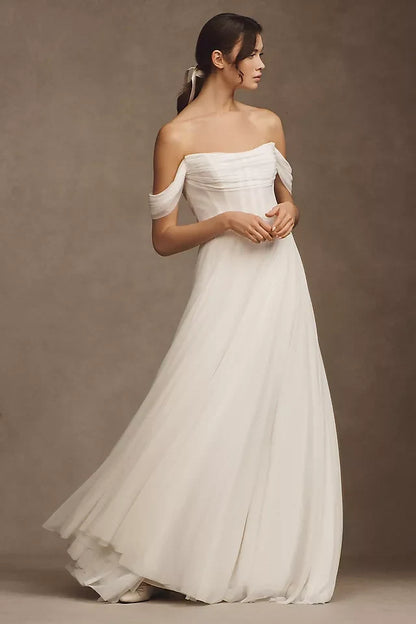 Elegant A-Line Off-Shoulder Ruched White High-Low Wedding Dresses Bride Gown