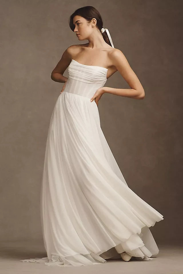 Elegant A-Line Off-Shoulder Ruched White High-Low Wedding Dresses Bride Gown