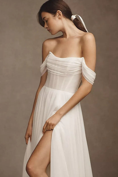 Elegant A-Line Off-Shoulder Ruched White High-Low Wedding Dresses Bride Gown