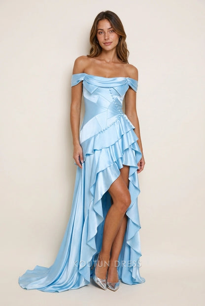 Elegant A-Line Off-Shoulder Ruffled Asymmetrical Sky Blue High-Low Long Prom Dresses