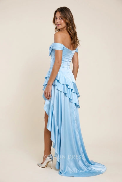 Elegant A-Line Off-Shoulder Ruffled Asymmetrical Sky Blue High-Low Long Prom Dresses