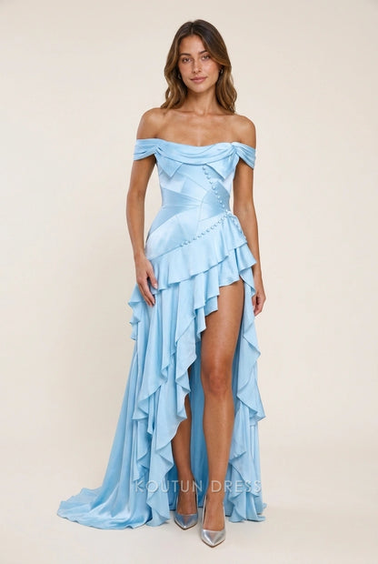 Elegant A-Line Off-Shoulder Ruffled Asymmetrical Sky Blue High-Low Long Prom Dresses