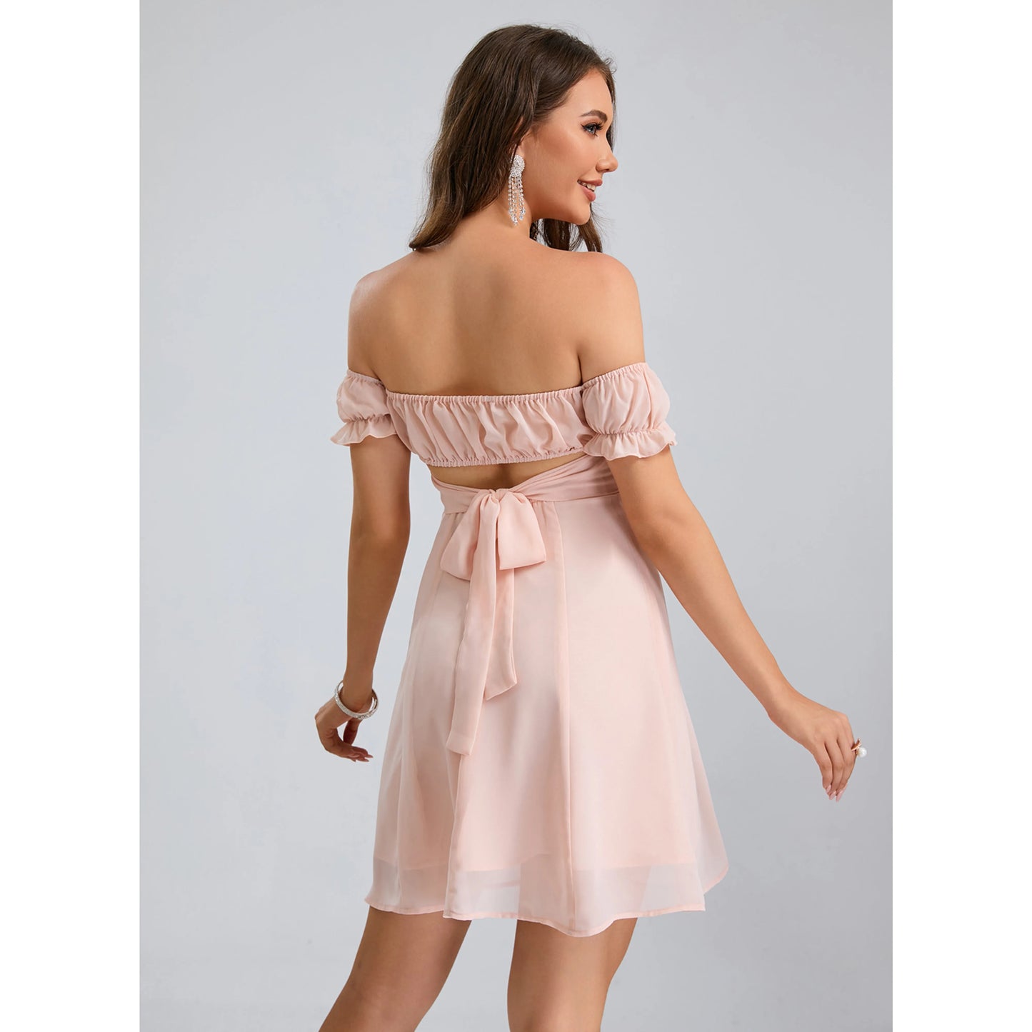 Elegant A-Line Off-Shoulder Ruffled Charming Light Pink Short Homecoming Dresses For Women