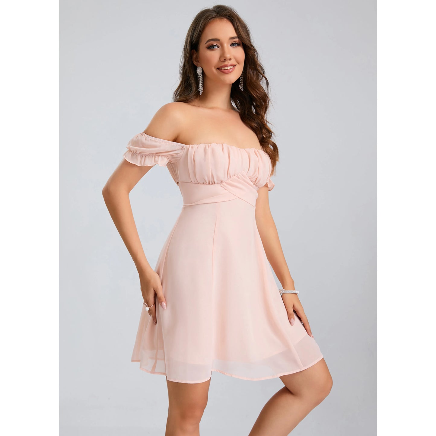 Elegant A-Line Off-Shoulder Ruffled Charming Light Pink Short Homecoming Dresses For Women