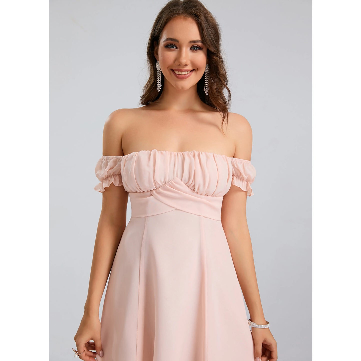 Elegant A-Line Off-Shoulder Ruffled Charming Light Pink Short Homecoming Dresses For Women