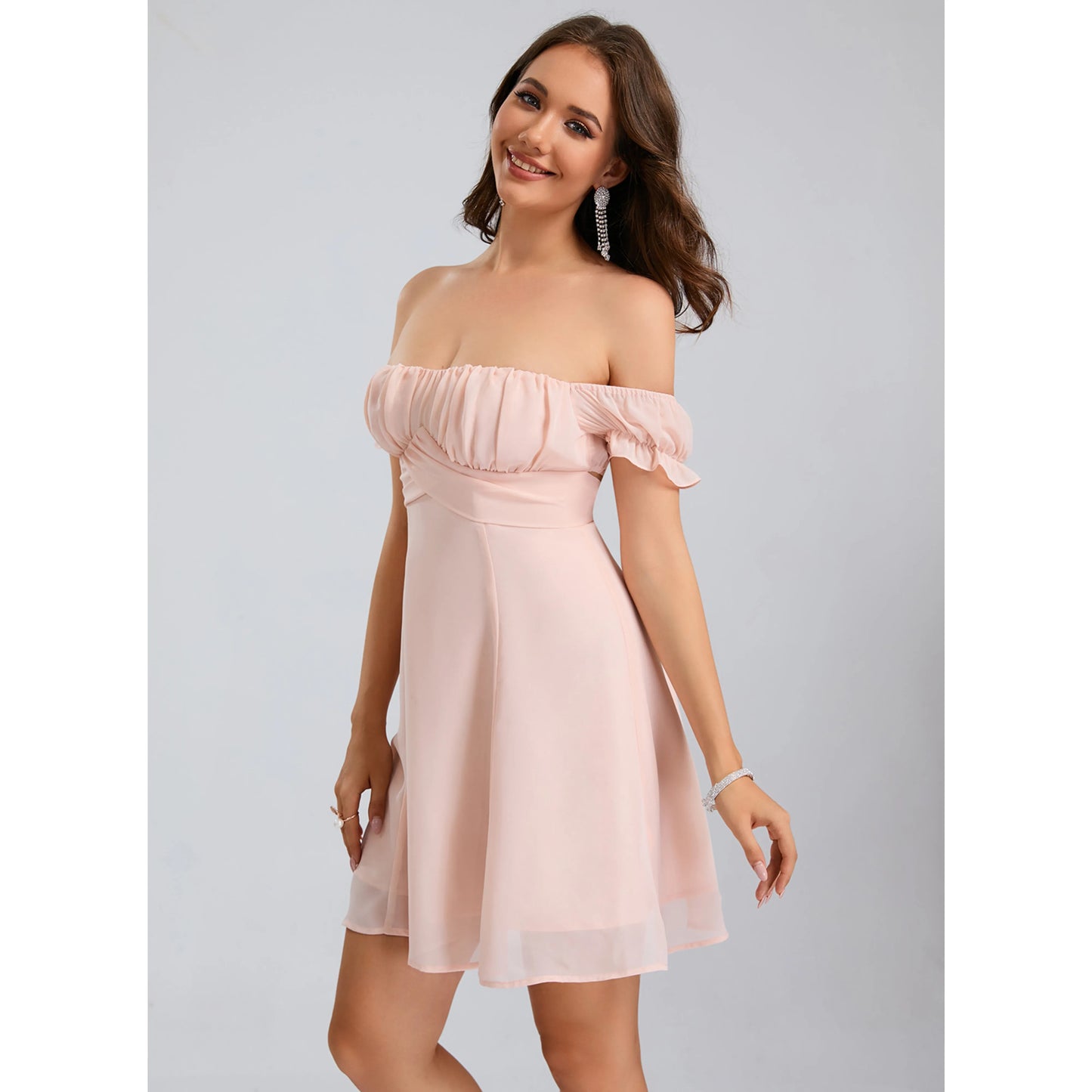 Elegant A-Line Off-Shoulder Ruffled Charming Light Pink Short Homecoming Dresses For Women