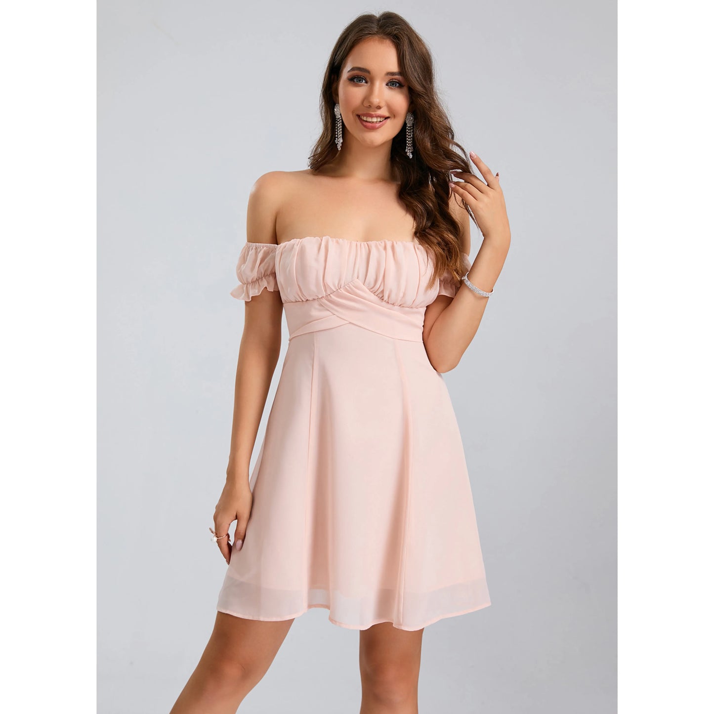 Elegant A-Line Off-Shoulder Ruffled Charming Light Pink Short Homecoming Dresses For Women