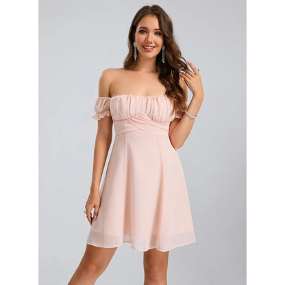 Elegant A-Line Off-Shoulder Ruffled Charming Light Pink Short Homecoming Dresses For Women