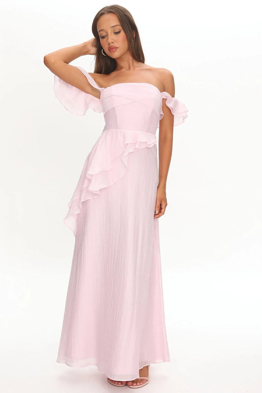 Elegant A-Line Off-Shoulder Ruffled Pink Floor-Length Prom Dress for Women