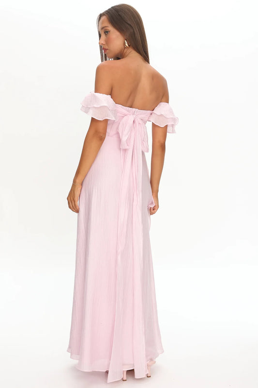 Elegant A-Line Off-Shoulder Ruffled Pink Floor-Length Prom Dress for Women