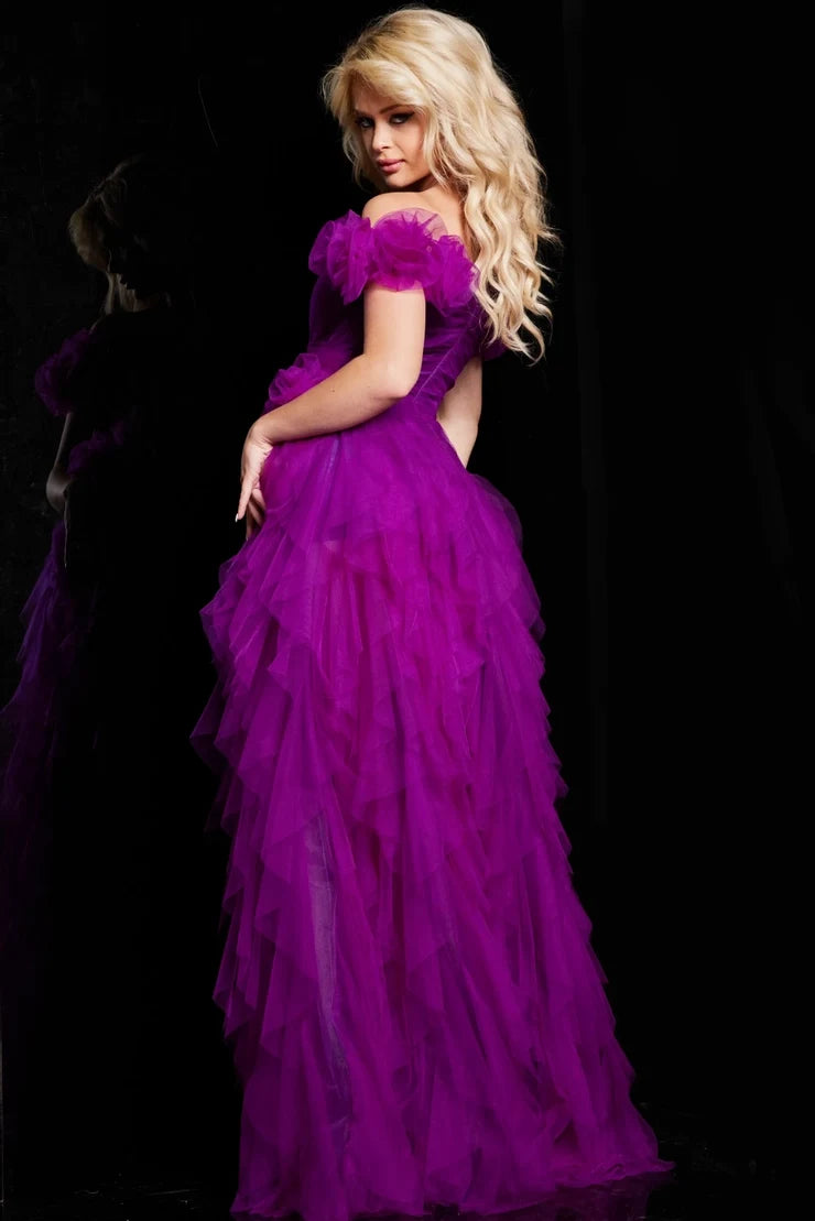 Elegant A-Line Off-Shoulder Ruffled Short Sleeve Purple High-Low Evening Dress