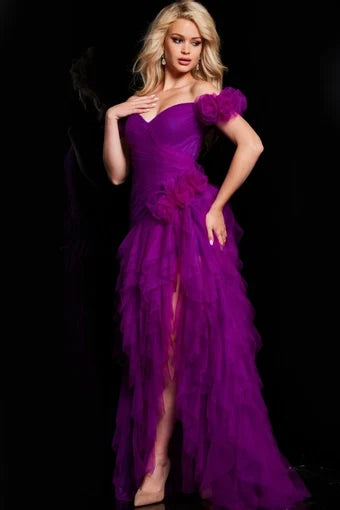 Elegant A-Line Off-Shoulder Ruffled Short Sleeve Purple High-Low Evening Dress