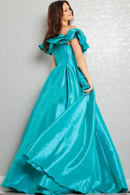 Elegant A-Line Off-Shoulder Ruffled Teal Floor-Length Evening Dresses Women's Gown