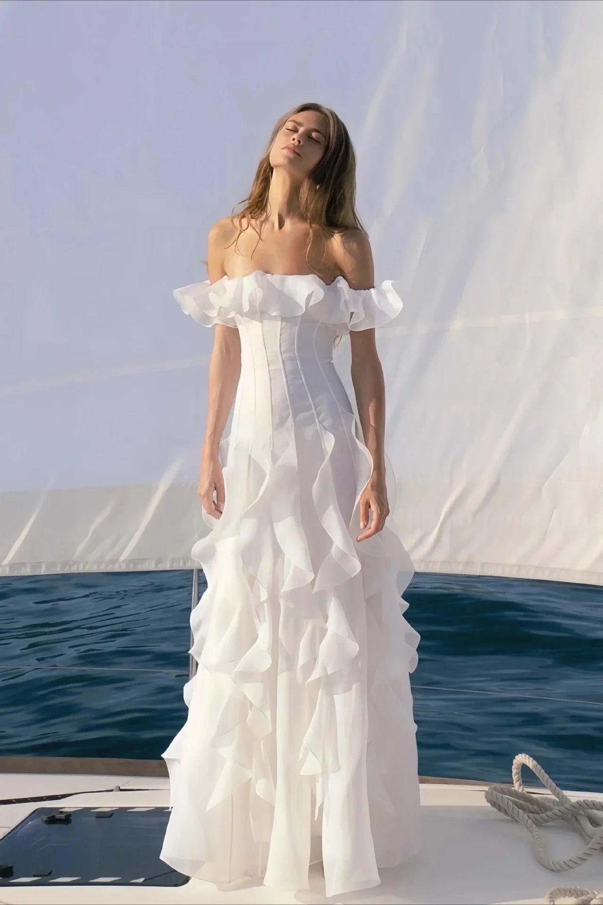Elegant A-Line Off-Shoulder Ruffled Tiered White Floor-Length Wedding Dresses Bridal Gown
