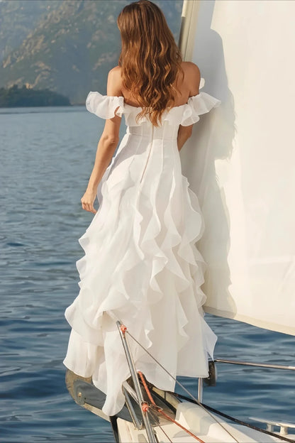 Elegant A-Line Off-Shoulder Ruffled Tiered White Floor-Length Wedding Dresses Bridal Gown