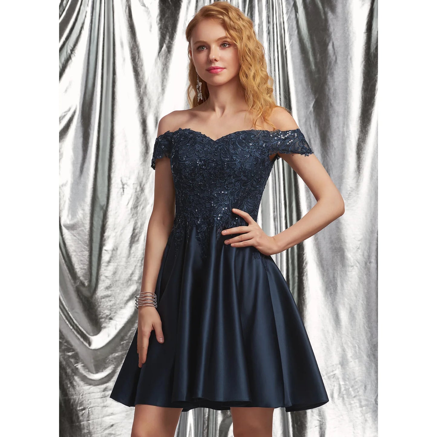 Elegant A-Line Off-Shoulder Sequin Lace Navy Short Homecoming Dress for Women