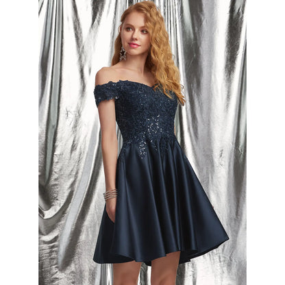 Elegant A-Line Off-Shoulder Sequin Lace Navy Short Homecoming Dress for Women