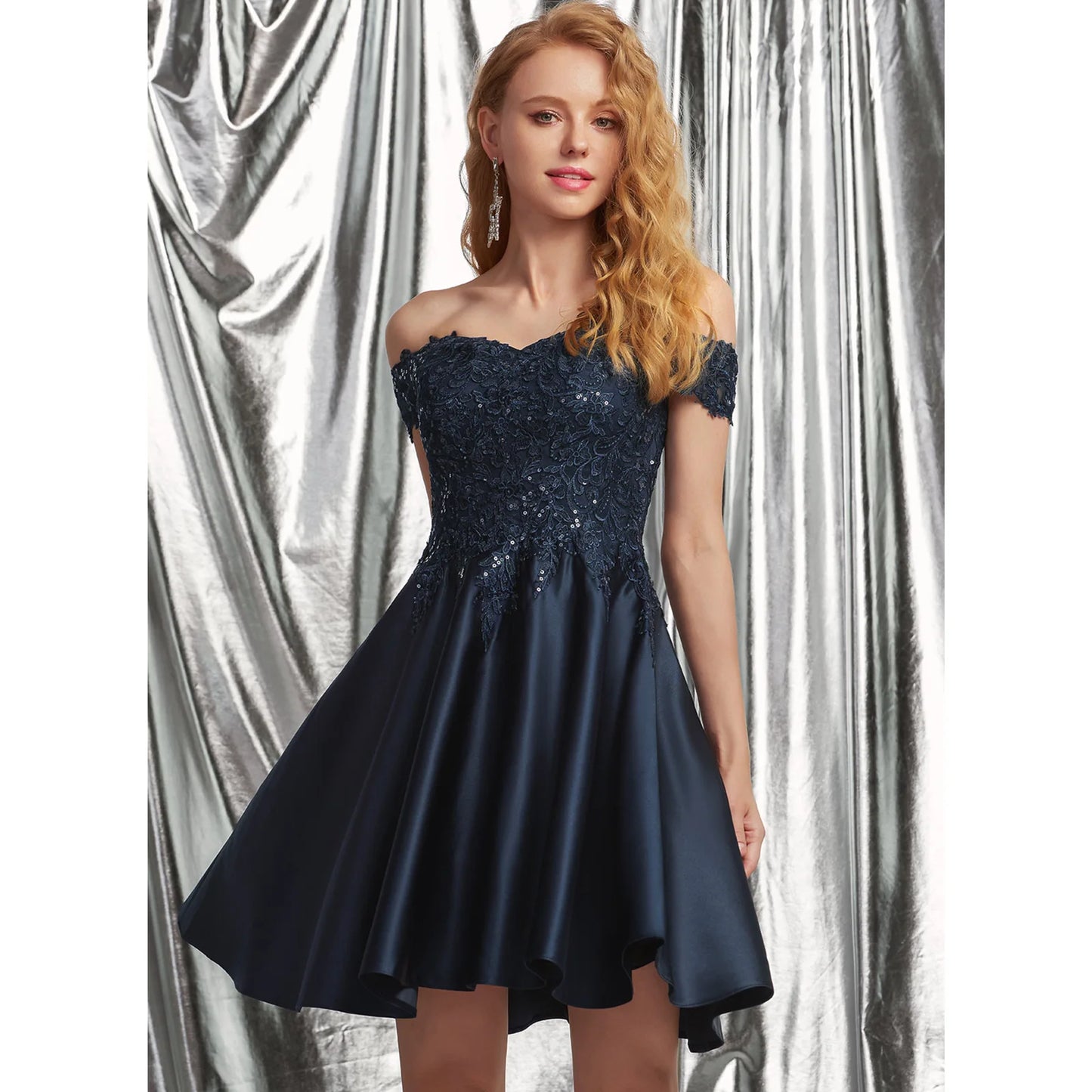 Elegant A-Line Off-Shoulder Sequin Lace Navy Short Homecoming Dress for Women