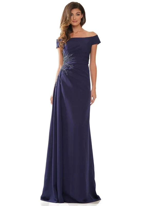 Elegant A-Line Off-Shoulder Short-Sleeve Beaded Pleated Navy Maxi Mother-of-the-Bride Women Gown