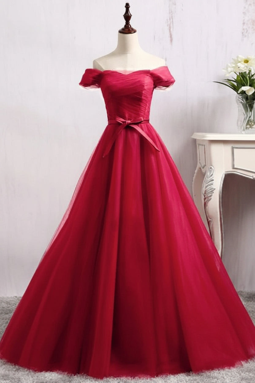 Elegant A-Line Off-Shoulder Short Sleeve Lace-Up Burgundy Floor-Length Prom Dress Gown