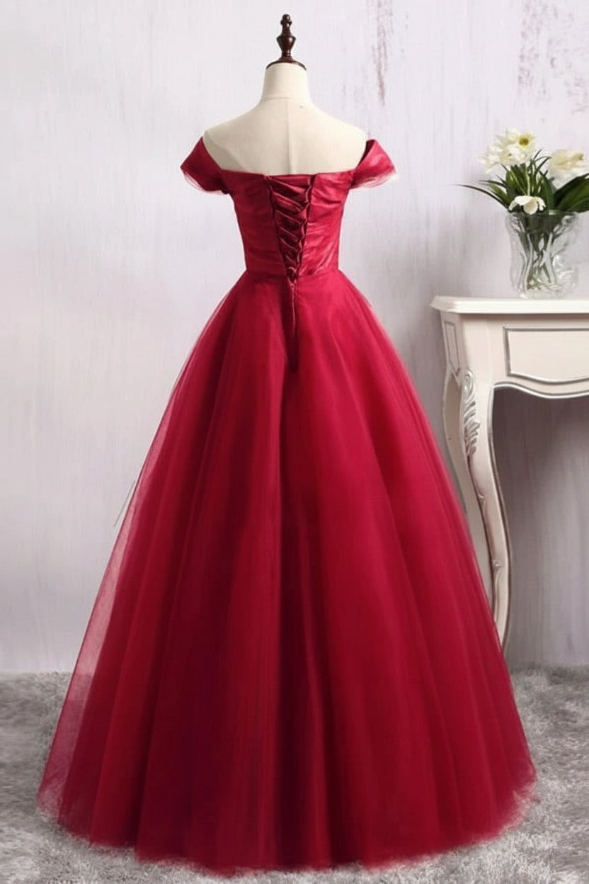 Elegant A-Line Off-Shoulder Short Sleeve Lace-Up Burgundy Floor-Length Prom Dress Gown