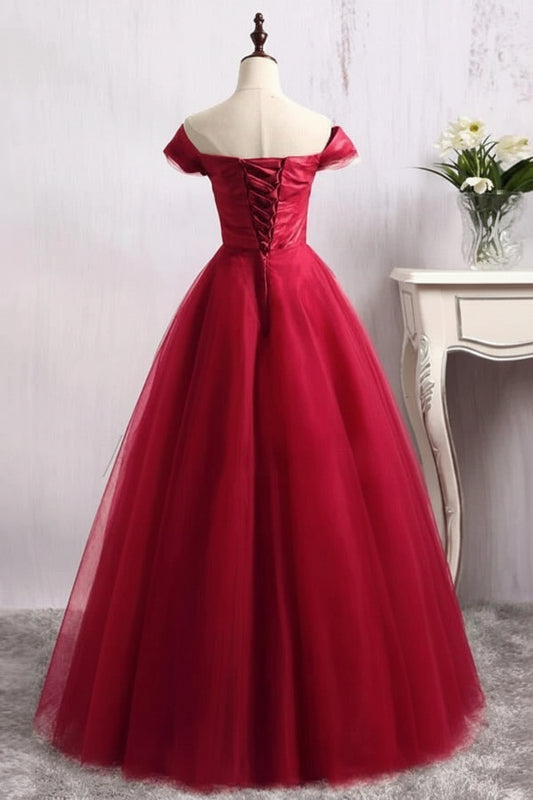 Elegant A-Line Off-Shoulder Short Sleeve Lace-Up Burgundy Floor-Length Prom Dress Gown