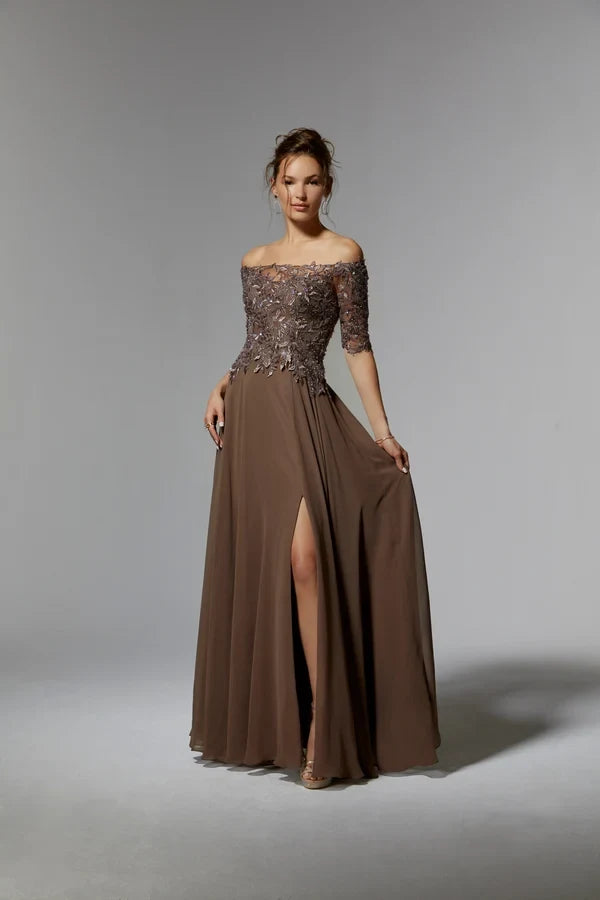 Elegant A-Line Off-Shoulder Sleeved Beaded Brown Mother Of The Bride Dress