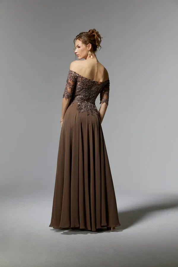 Elegant A-Line Off-Shoulder Sleeved Beaded Brown Mother Of The Bride Dress