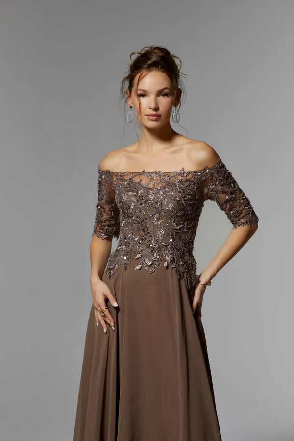 Elegant A-Line Off-Shoulder Sleeved Beaded Brown Mother Of The Bride Dress