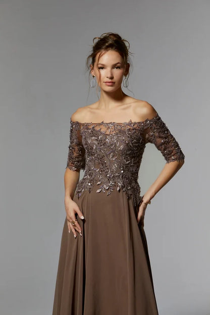Elegant A-Line Off-Shoulder Sleeved Beaded Brown Mother Of The Bride Dress