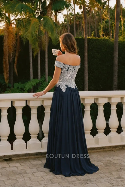 Elegant A-Line Off-Shoulder Sleeved Romantic Chic Navy White Floor-Length Prom Dress for Women