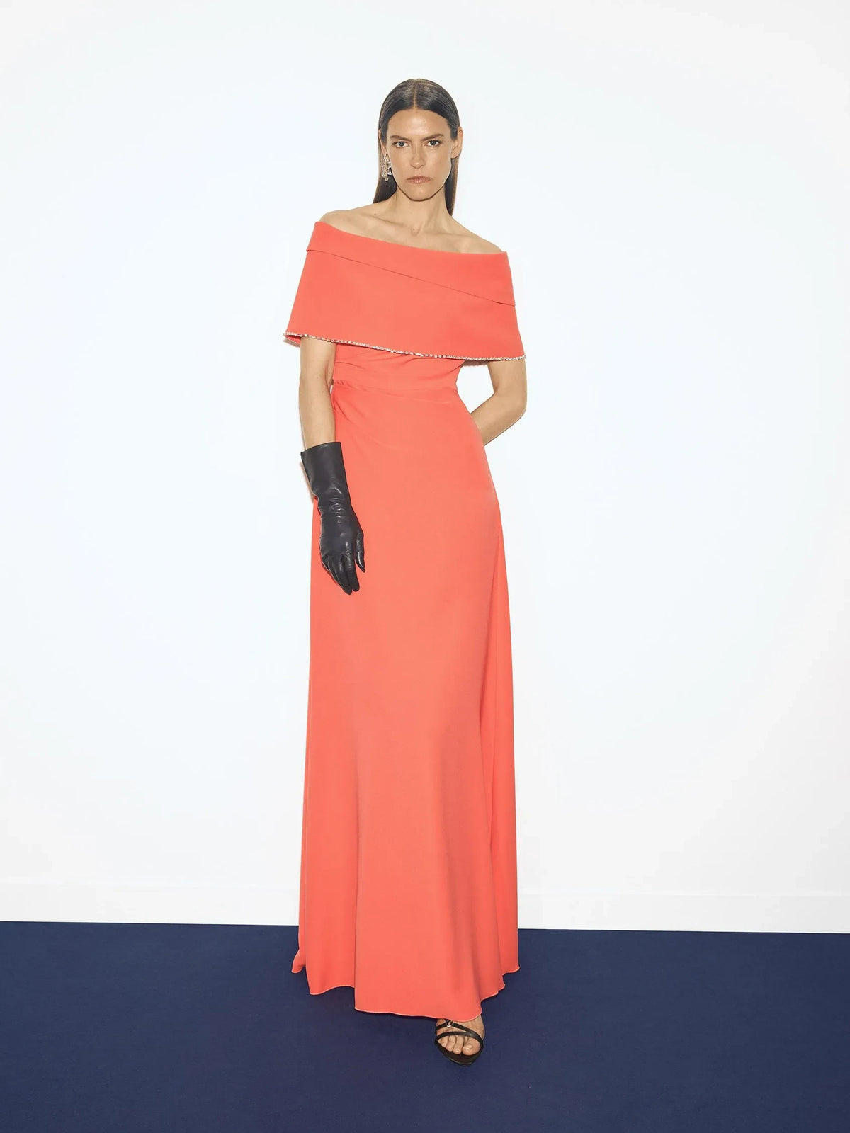 Elegant A-Line Off-Shoulder Sleeveless Beaded Coral Maxi Evening Dresses Women Gown