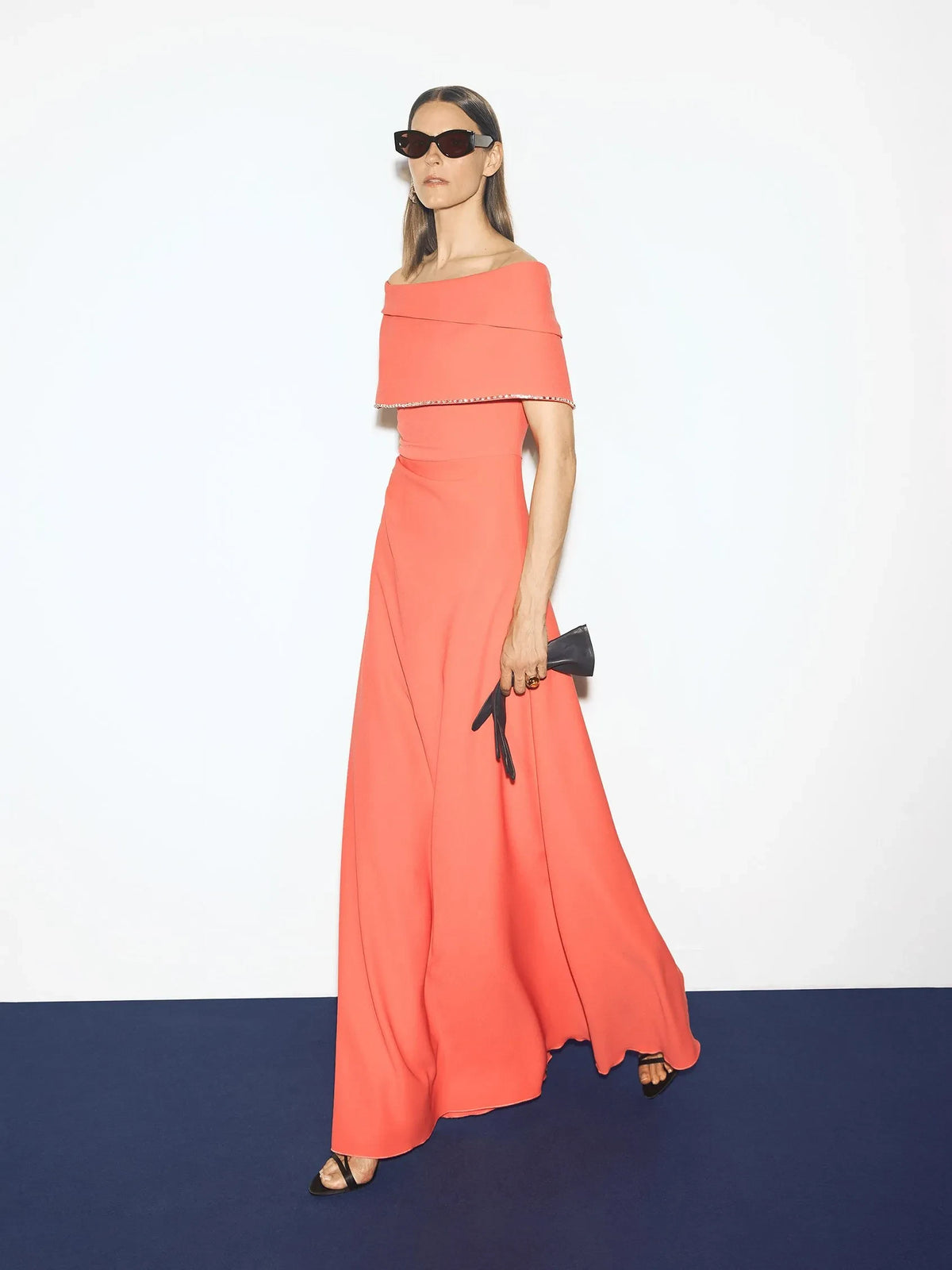 Elegant A-Line Off-Shoulder Sleeveless Beaded Coral Maxi Evening Dresses Women Gown