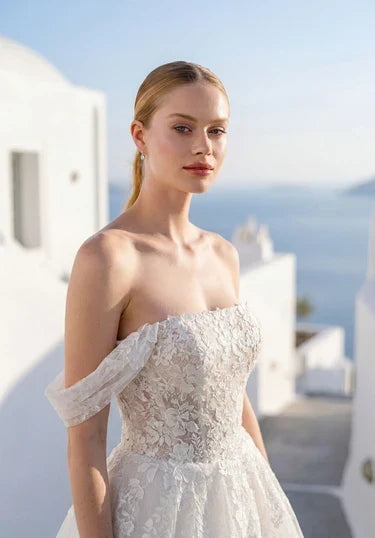 Elegant A-Line Off-Shoulder Sleeveless Corset Ivory Floor-Length Wedding Dresses Bridal Gown