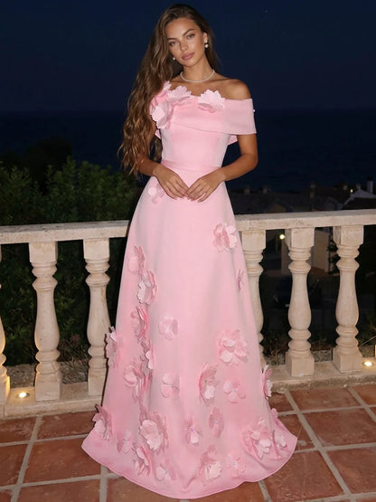 Elegant A-Line Off-Shoulder Sleeveless Floral Applique Pink Long Prom Dresses