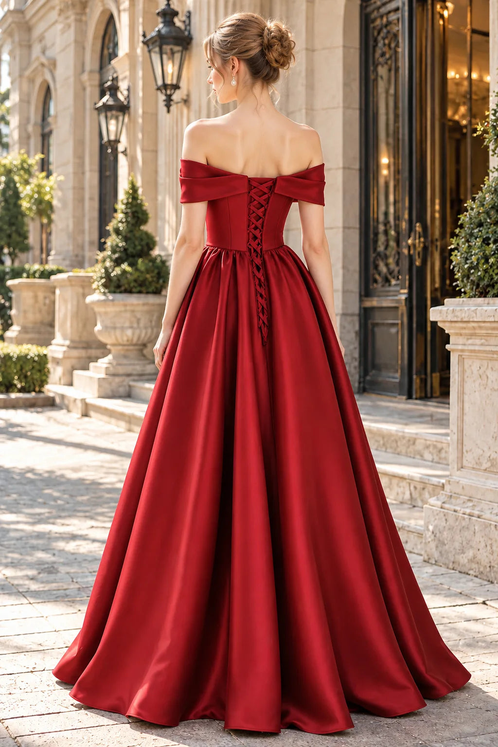Elegant A-Line Off-Shoulder Sleeveless Floral Corset Red Long Prom Dresses Gown