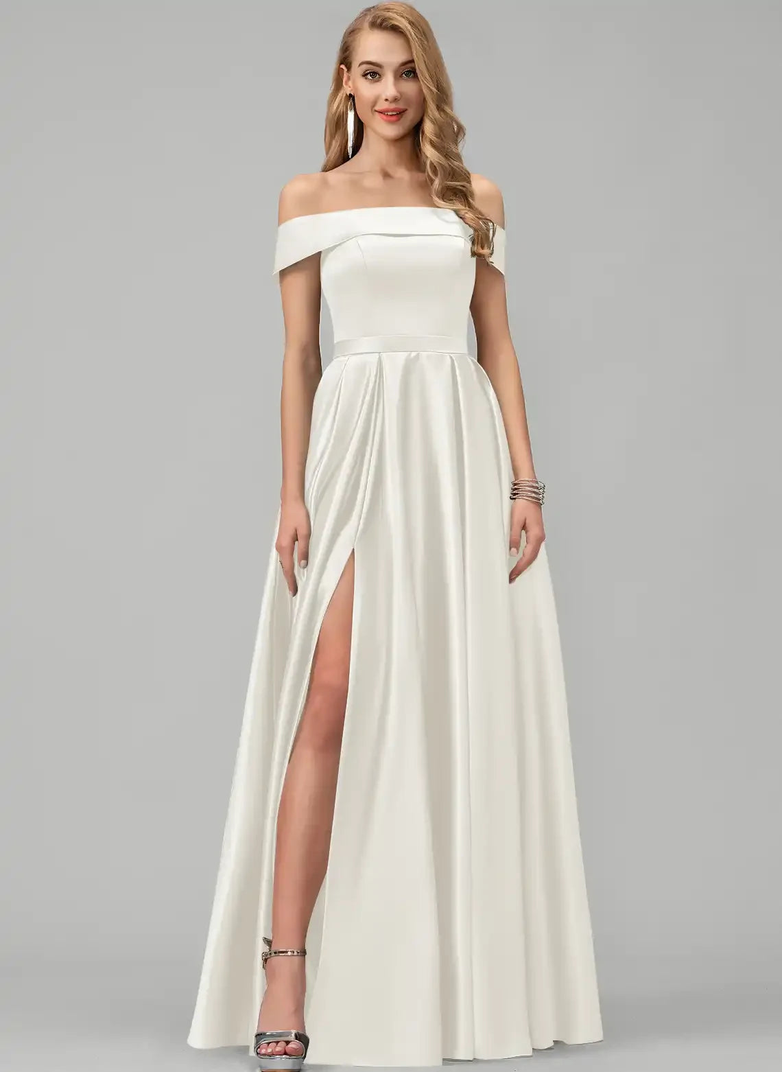 Elegant A-Line Off-Shoulder Sleeveless High Slit Ivory Floor-Length Wedding Gown