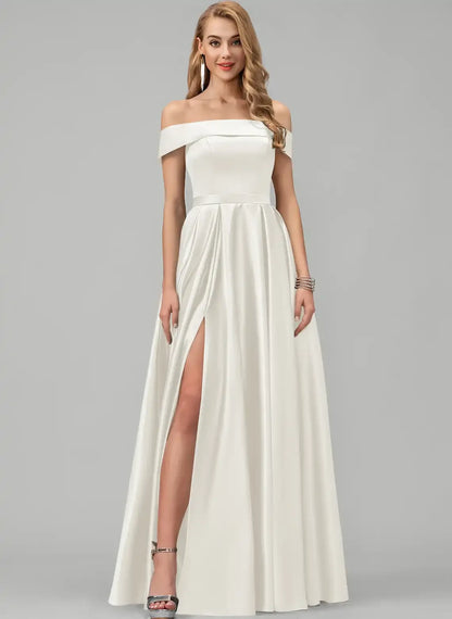 Elegant A-Line Off-Shoulder Sleeveless High Slit Ivory Floor-Length Wedding Gown