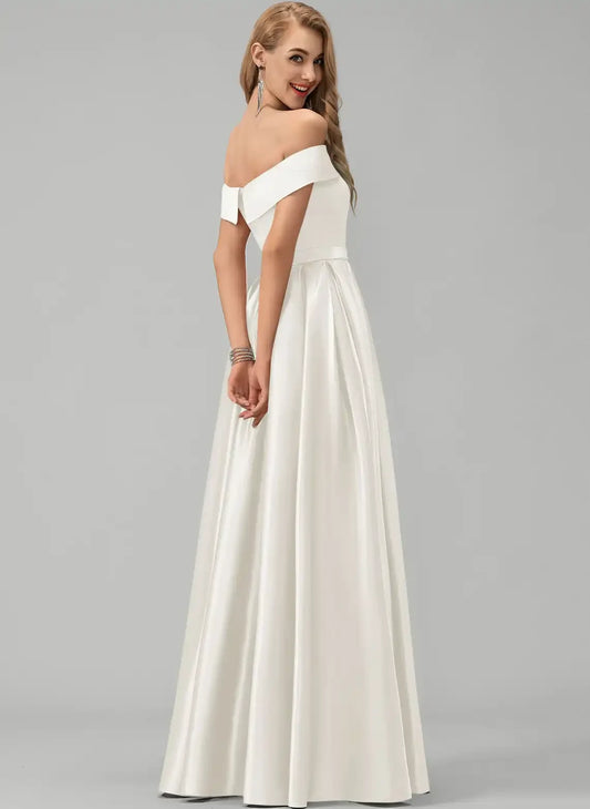 Elegant A-Line Off-Shoulder Sleeveless High Slit Ivory Floor-Length Wedding Gown