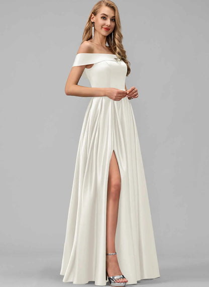 Elegant A-Line Off-Shoulder Sleeveless High Slit Ivory Floor-Length Wedding Gown