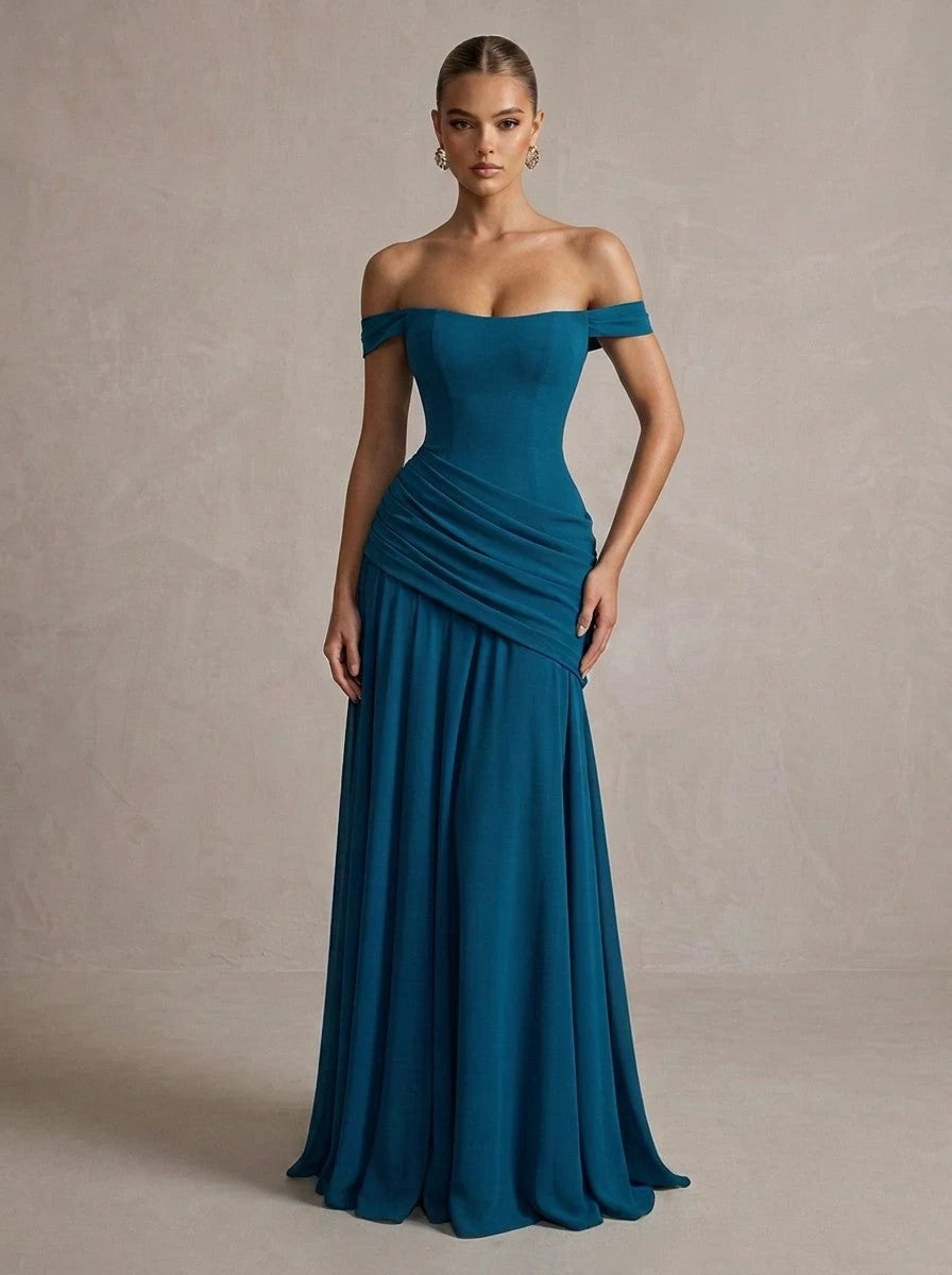 Elegant A-Line Off-Shoulder Sleeveless Ruched Draped Teal Prom Dresses Women Gown