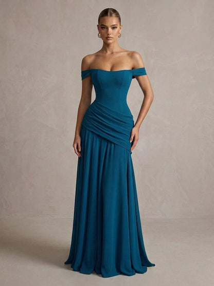Elegant A-Line Off-Shoulder Sleeveless Ruched Draped Teal Prom Dresses Women Gown