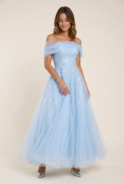 Elegant A-Line Off-Shoulder Sparkling Tulle Light Blue Floor-Length Prom Dresses