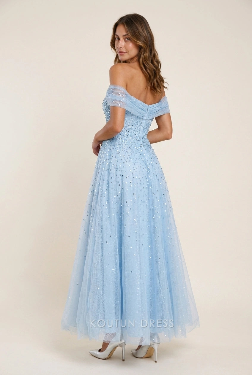 Elegant A-Line Off-Shoulder Sparkling Tulle Light Blue Floor-Length Prom Dresses