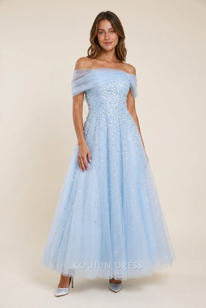 Elegant A-Line Off-Shoulder Sparkling Tulle Light Blue Floor-Length Prom Dresses