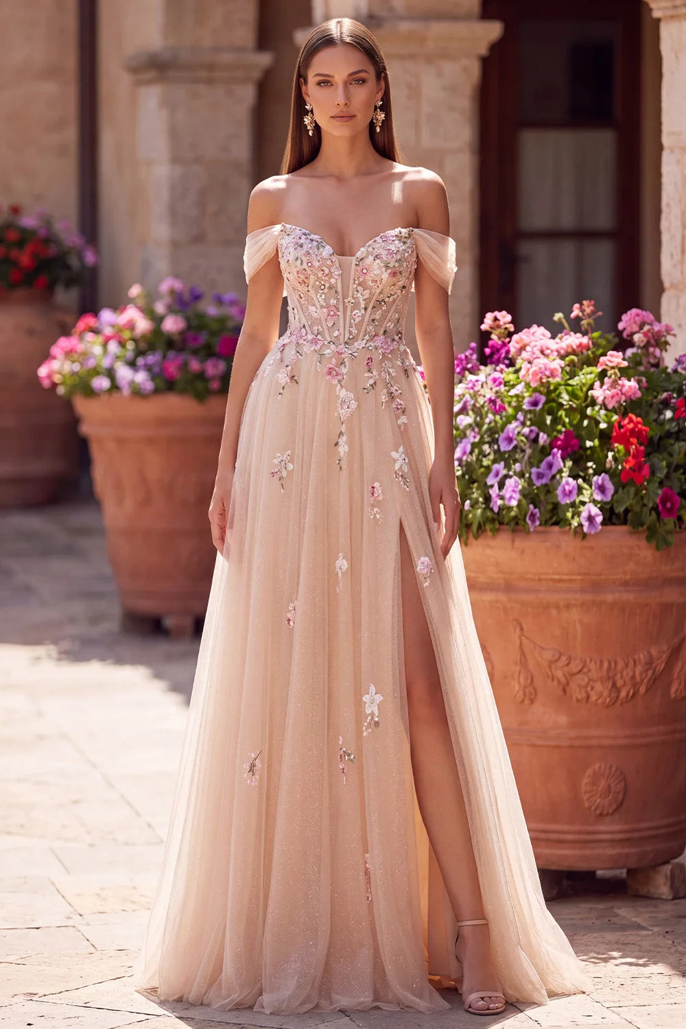 Elegant A-Line Off-Shoulder Sweetheart Floral Glitter Champagne Floor-Length Prom Gown