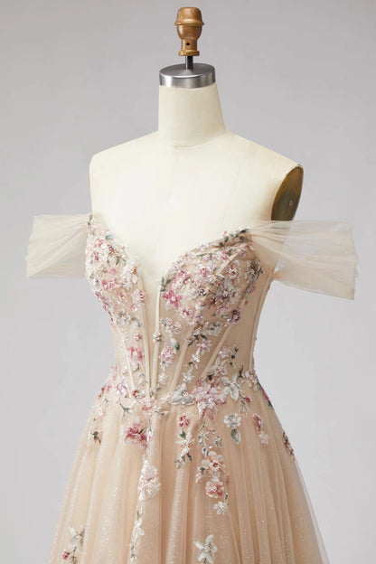 Elegant A-Line Off-Shoulder Sweetheart Floral Glitter Champagne Floor-Length Prom Gown