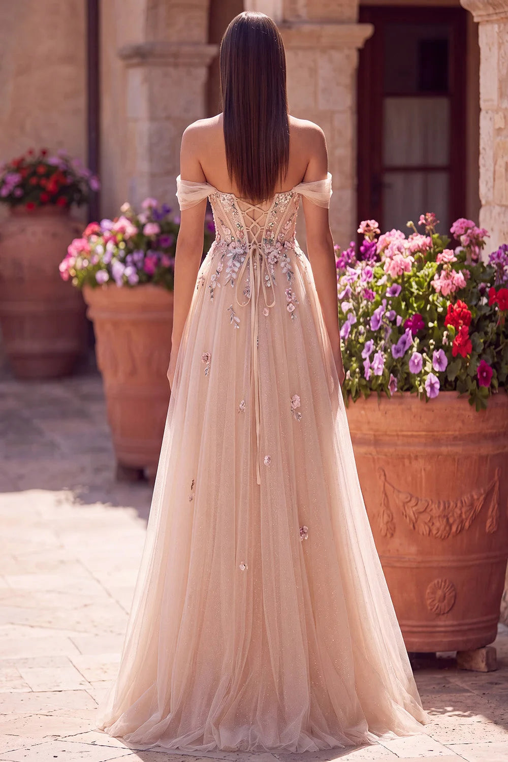 Elegant A-Line Off-Shoulder Sweetheart Floral Glitter Champagne Floor-Length Prom Gown